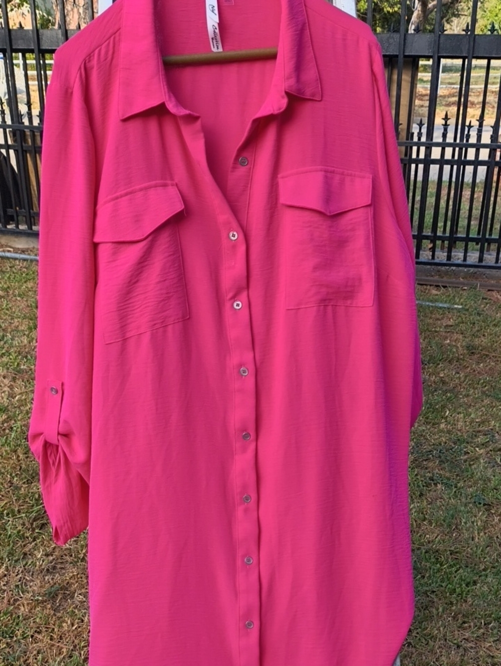 NY Collection Hot Pink Long Sleeve Button-Front Shirt Dress